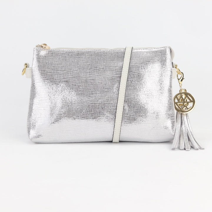 willow and zac ruby handbag in silver lattice printed suede with white leather strap and gold hardware including matching decorative tassel#colour_silver-lattice
