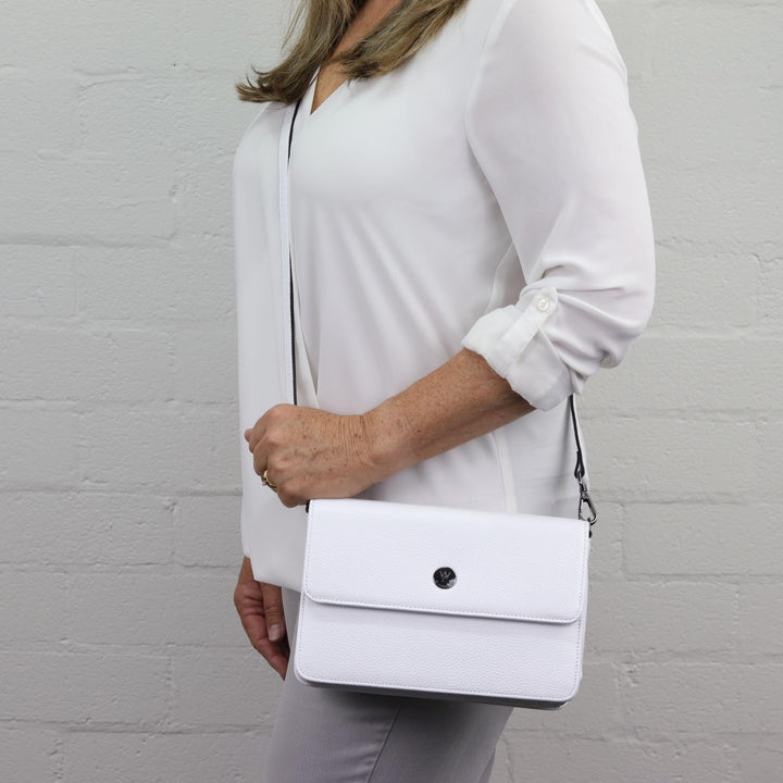 Willow & Zac Simone leather crossbody bag brilliant white BLACK HARDWARE using detachable long strap  #colour_brilliant-white