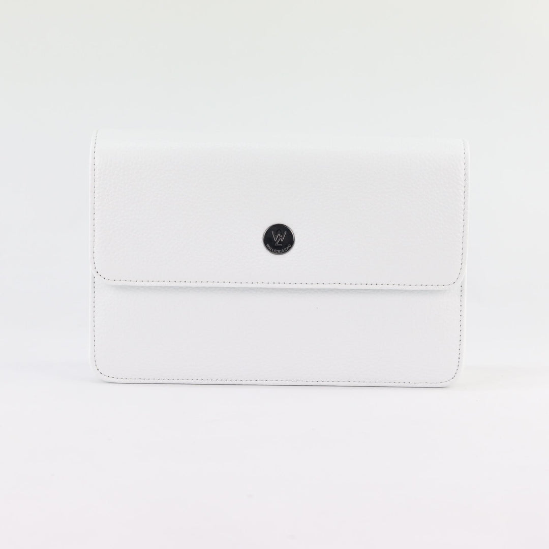 Willow & Zac Simone leather crossbody bag brilliant white BLACK HARDWARE front view #colour_brilliant-white