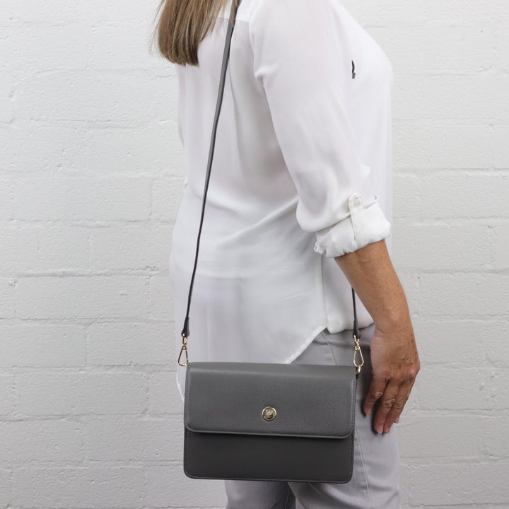 Willow & Zac Simone leather crossbody bag dark grey worn as shoulder bag #colour_dark-grey