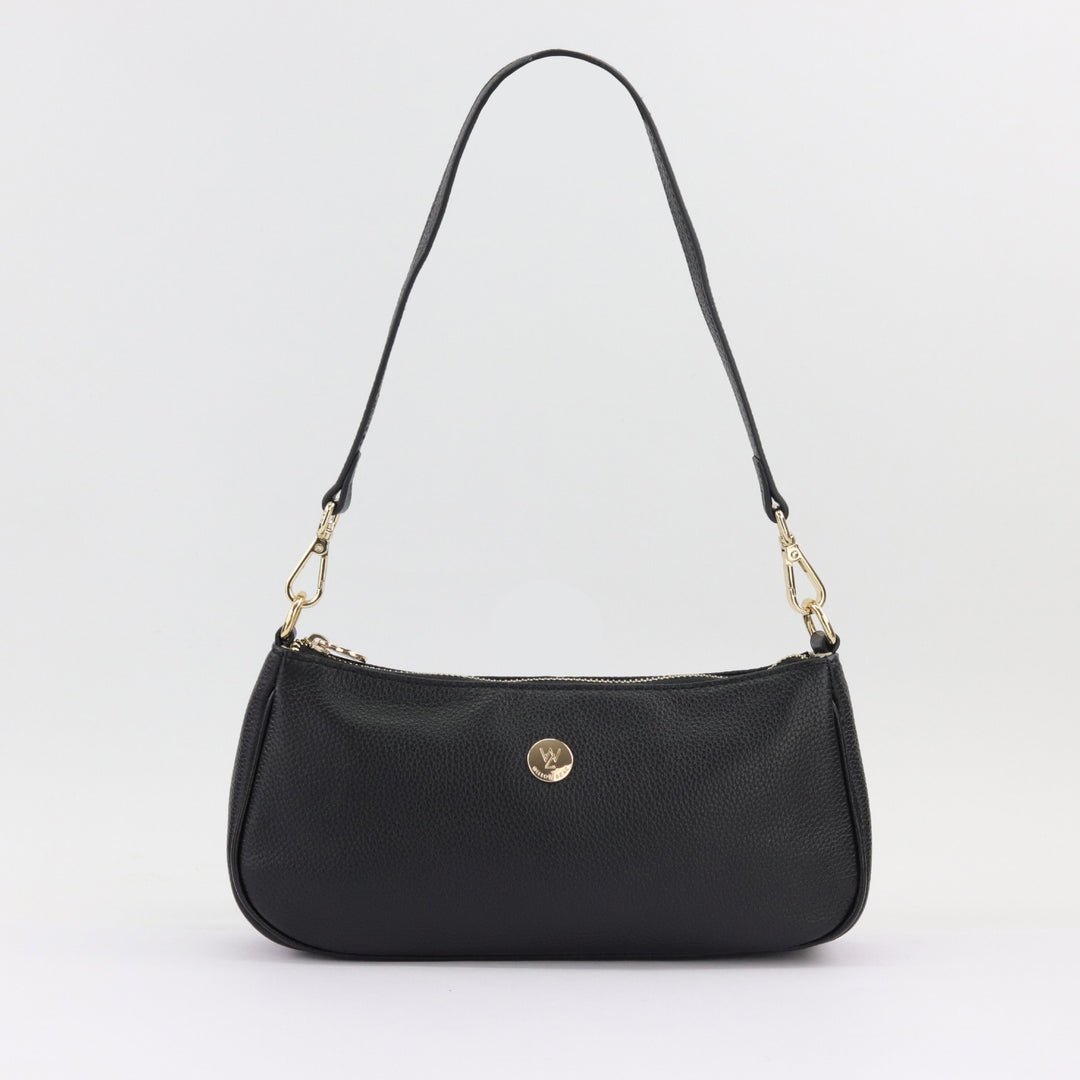 bronte baguette bag in black leather with gold zip and logo and short strap#colour_black
