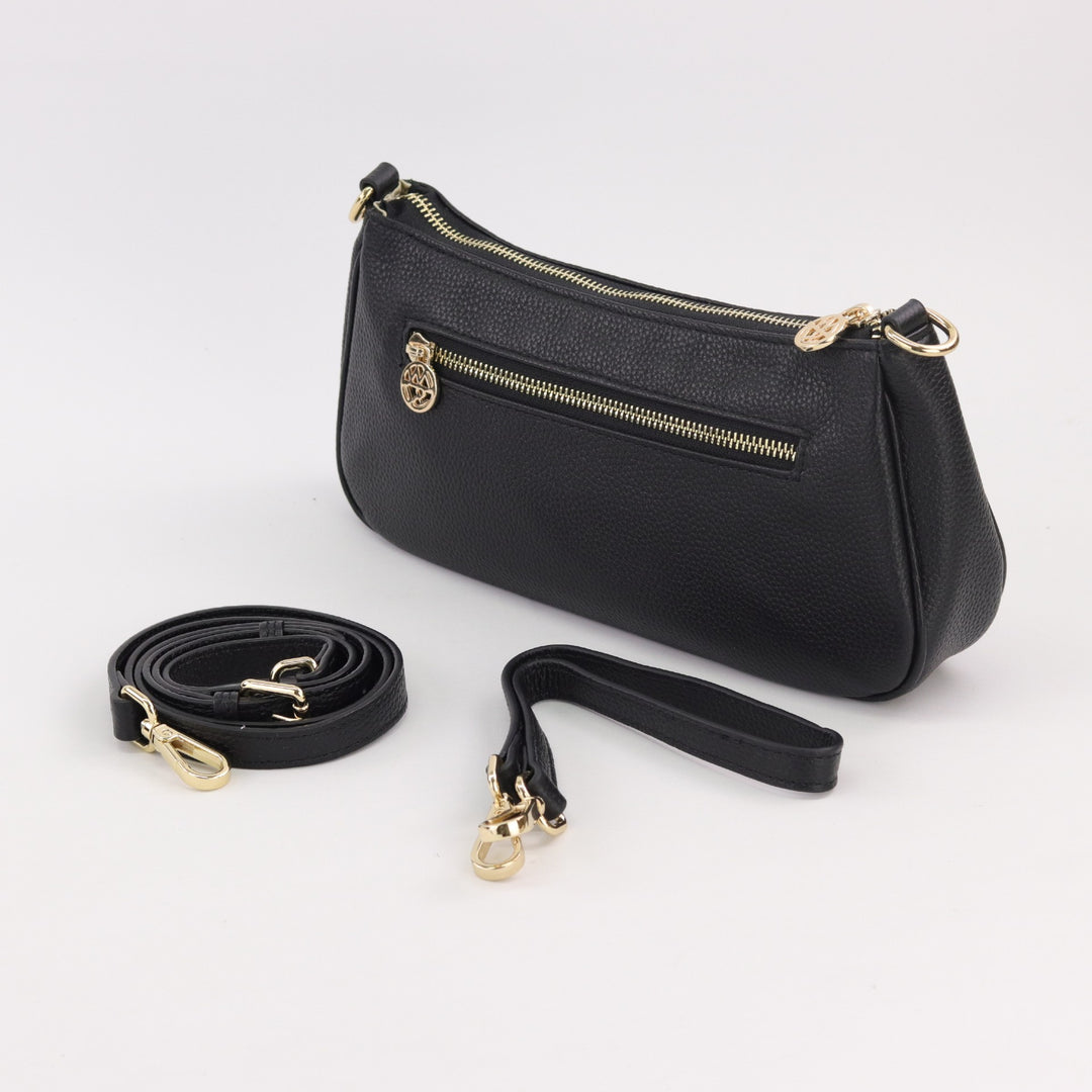 back view of black leather handbag with gold zips and leather straps#colour_black