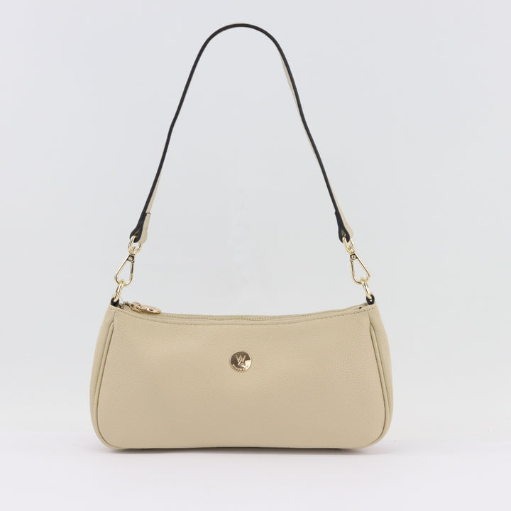 light neutral  cream coloured leather Bronte bag with removable straps and gold logo#colour_vanilla