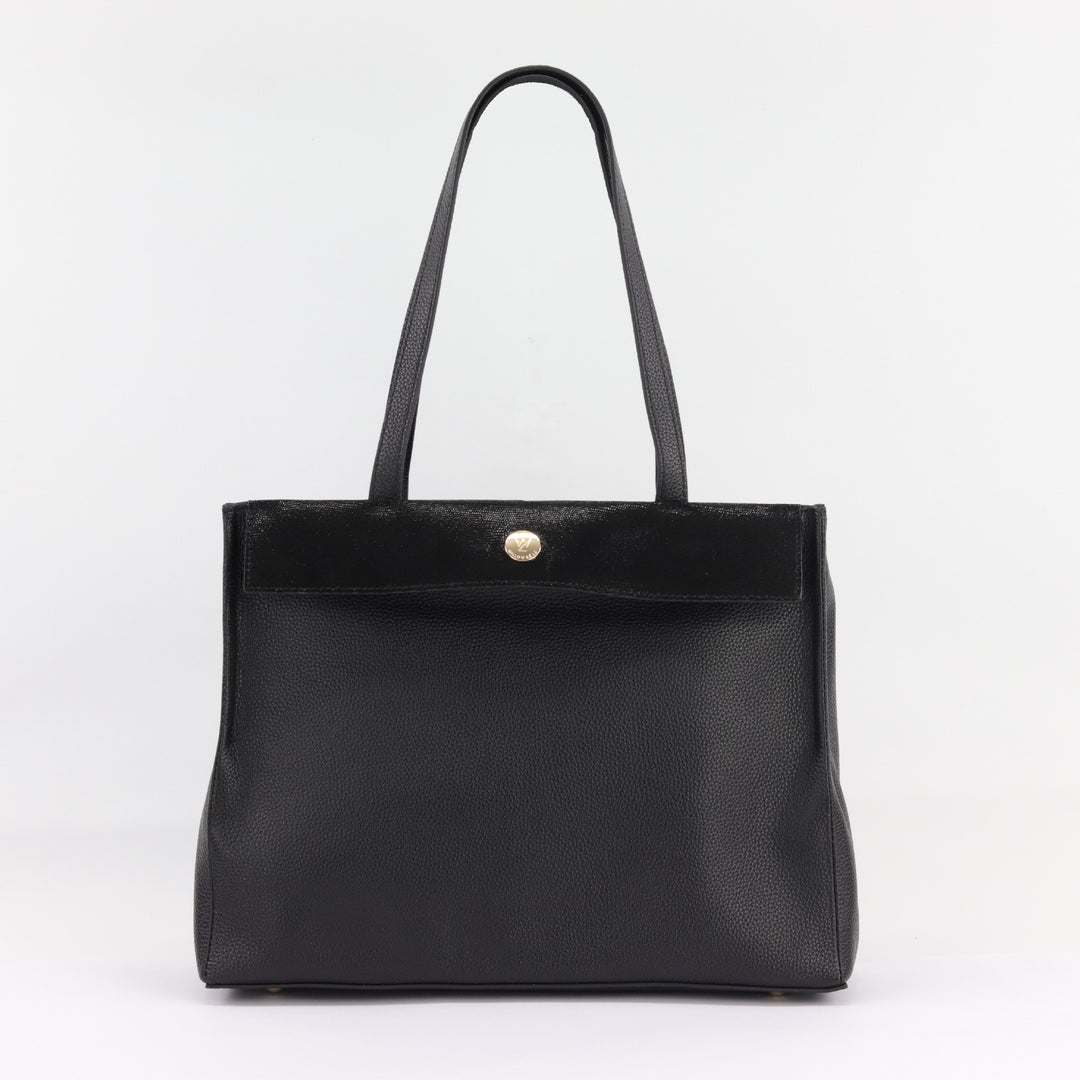 front view of eleanor tote in black with black cosmos flap on white background#colour_black-with-black-cosmos