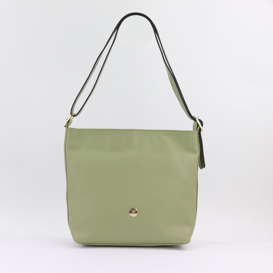 light sage green leather handbag with adjustable strap and gold buckle#colour_sage