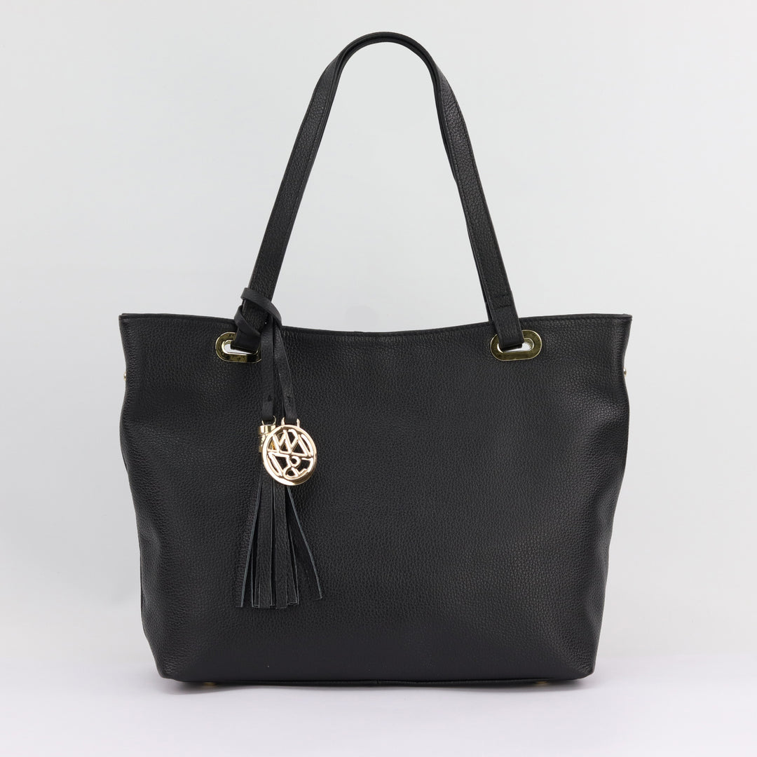 all black leather tote handbag with double handles and tassel with gold logo charm#colour_black