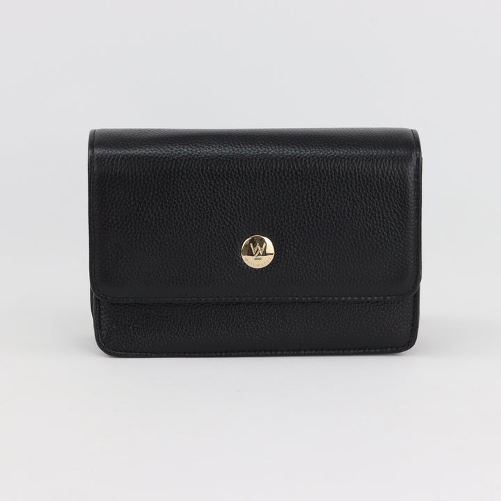 compact messenger style clutch bag with gold button  logo and secure flap#colour_black