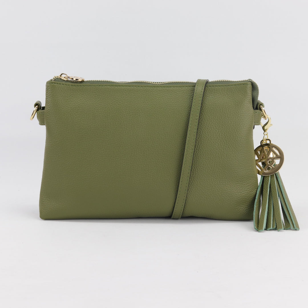 ruby in olive green pebbled leather on a white background with tassel and gold hardware#colour_olive