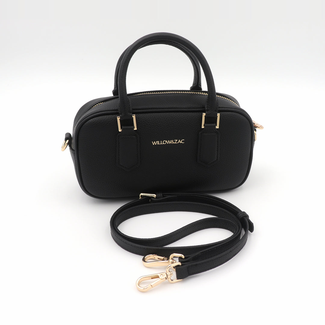 Elara Pebbled Leather Small Bowler Crossbody Bag - Black