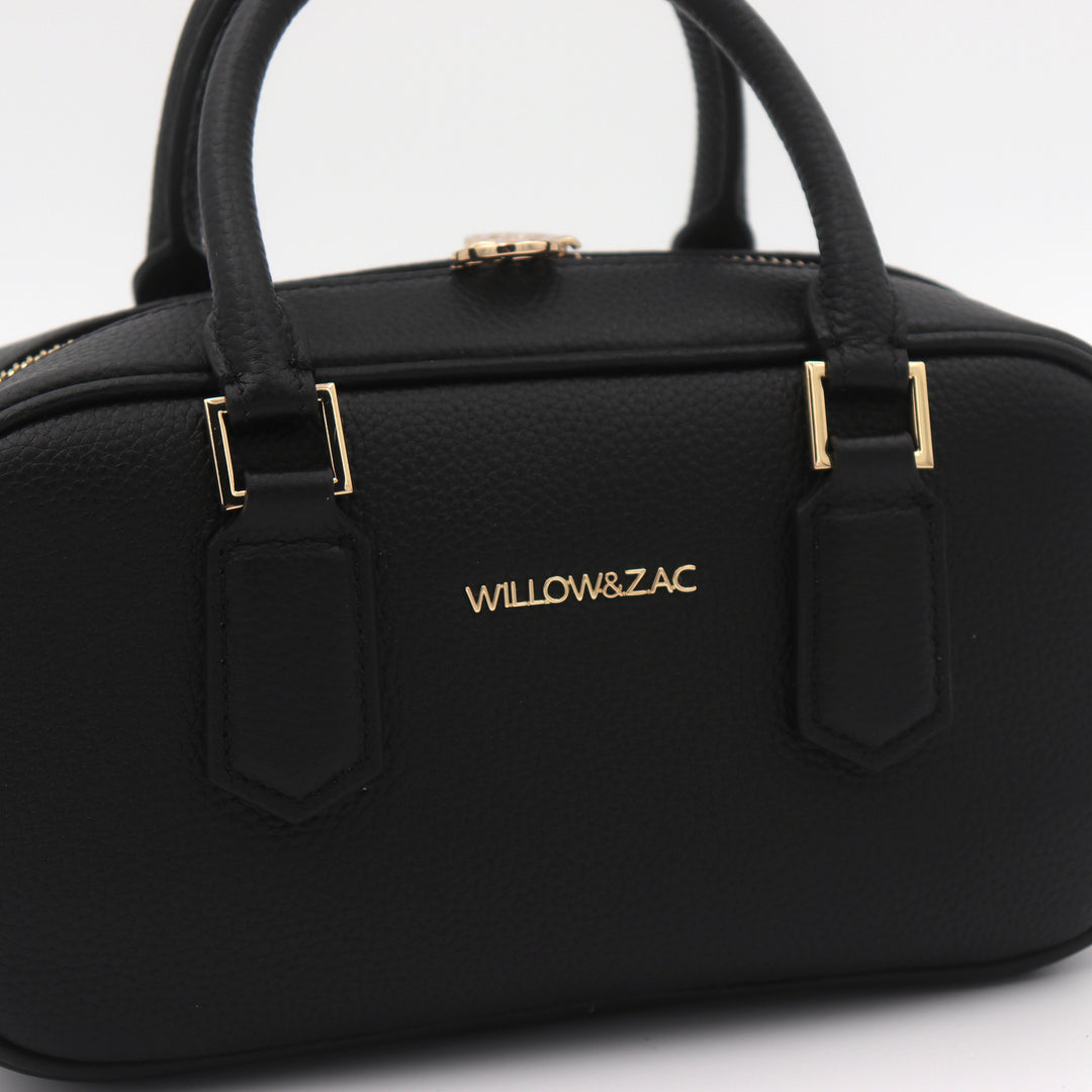 Elara Pebbled Leather Small Bowler Crossbody Bag - Black