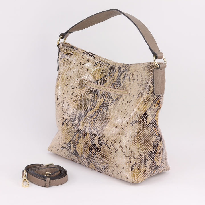 back view of amber hobo in sand python printed suede with included leather crossbody strap#colour_sand-python
