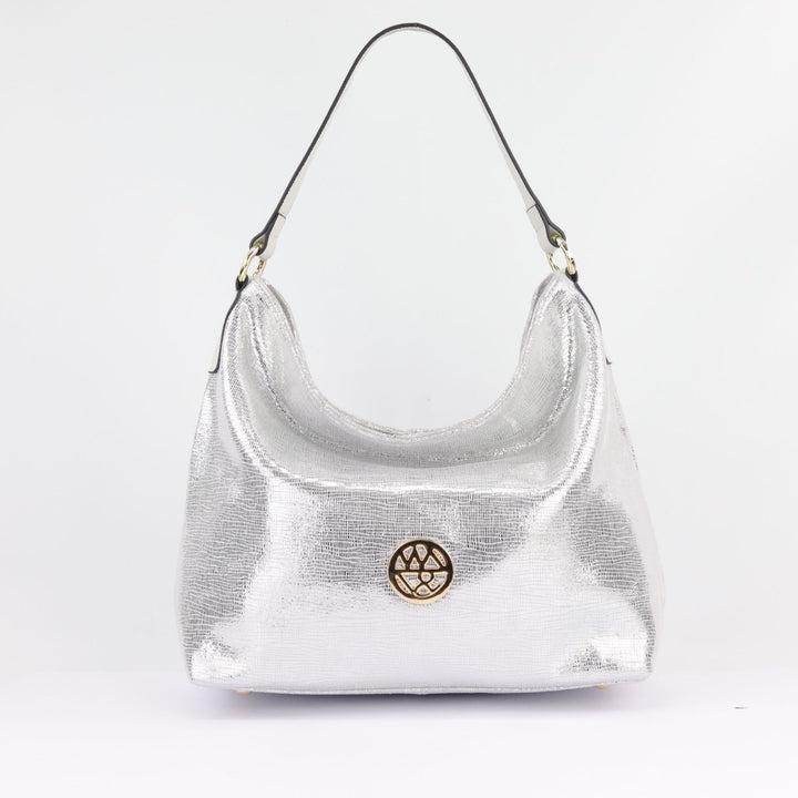 amber hobo handbag in shiny silver lattice printed suede with large badge logo and wide shoulder strap#colour_silver-lattice