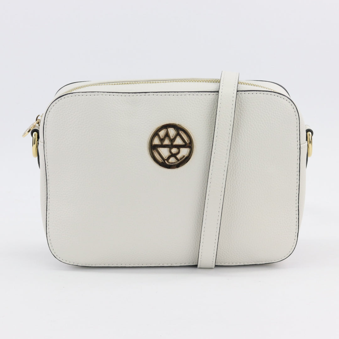 australian designed white pebbled leather camera style bag with box shape and gold hardware#colour_white