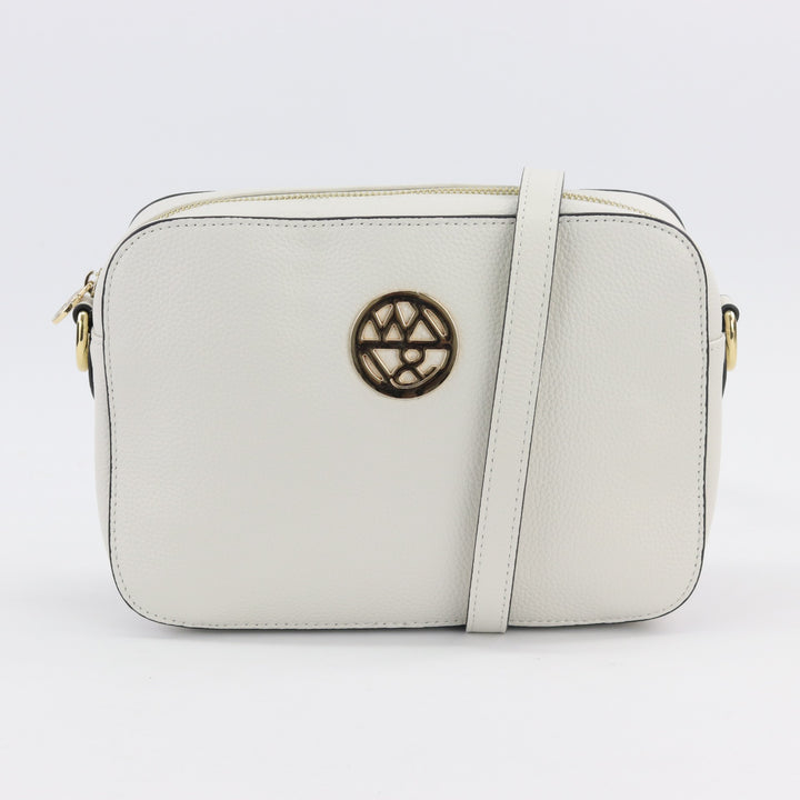 australian designed white pebbled leather camera style bag with box shape and gold hardware#colour_white