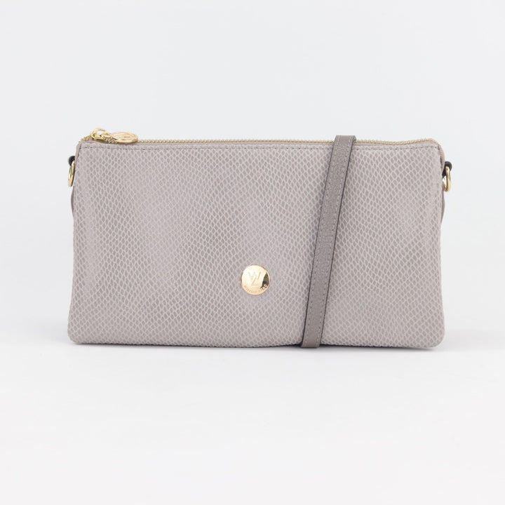 Gracie clutch or crossbody bag in pearl grey printed suede with small button logo and gold hardware#colour_pearl-grey