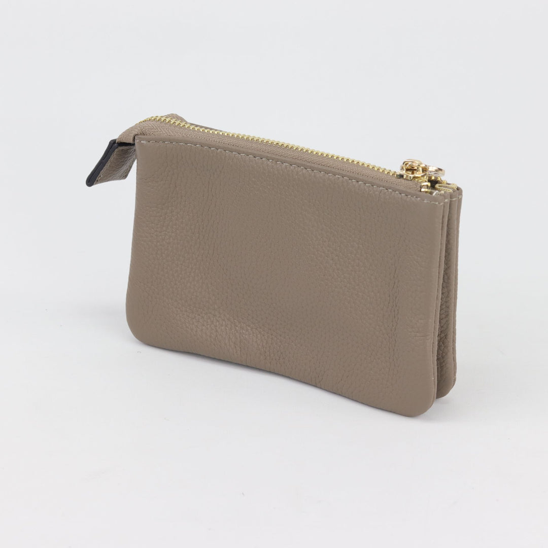 back view of harmony fog brown small wallet or pouch with gold zip closure#colour_fog