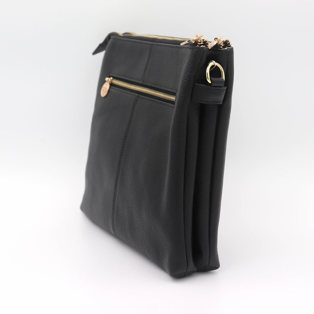 Ivy Pebbled Leather Crossbody Messenger Bag - Black