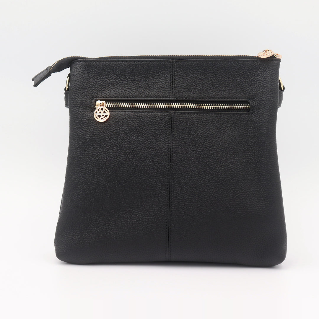 Ivy Pebbled Leather Crossbody Messenger Bag - Black
