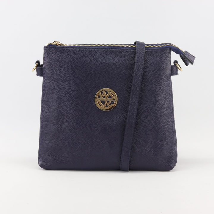 front view of jacqui crossbody bag in navy pebbled leather#colour_navy