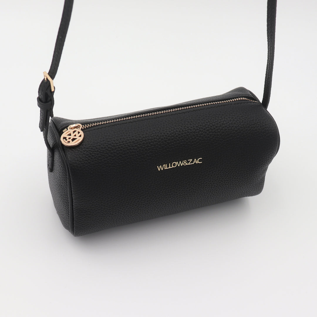Mia Pebbled Leather Mini Barrel Bag - Black