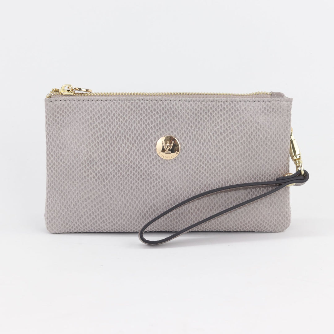 pearl grey printed suede clutch or wallet with small gold button logo and zips and attached pewter leather strap#colour_pearl-grey