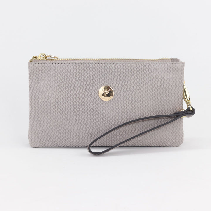 pearl grey printed suede clutch or wallet with small gold button logo and zips and attached pewter leather strap#colour_pearl-grey