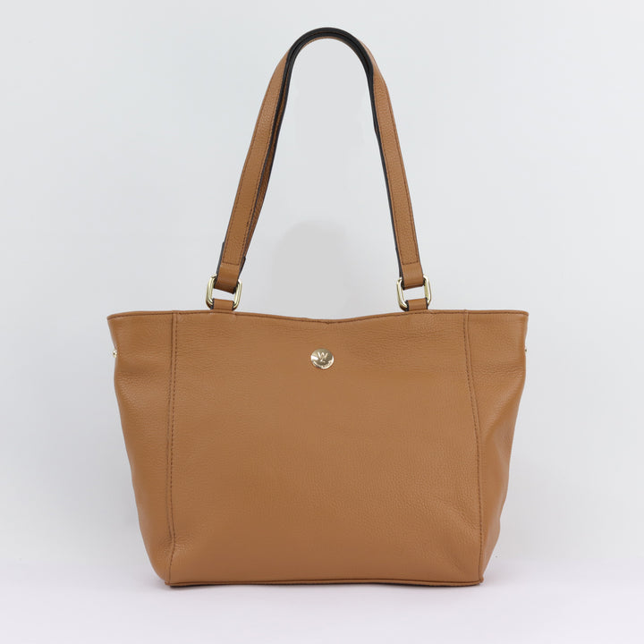 caramel tan coloured pebbled leather toe hand bag with double handles and gold button logo#colour_caramel-leather