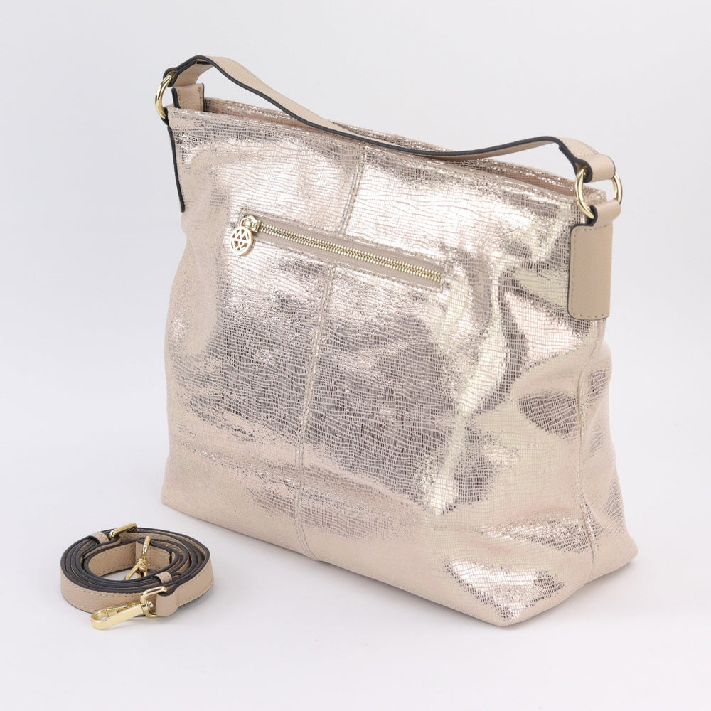 Willow & Zac Amber printed suede leather hobo gold lattice back view #colour_gold-lattice