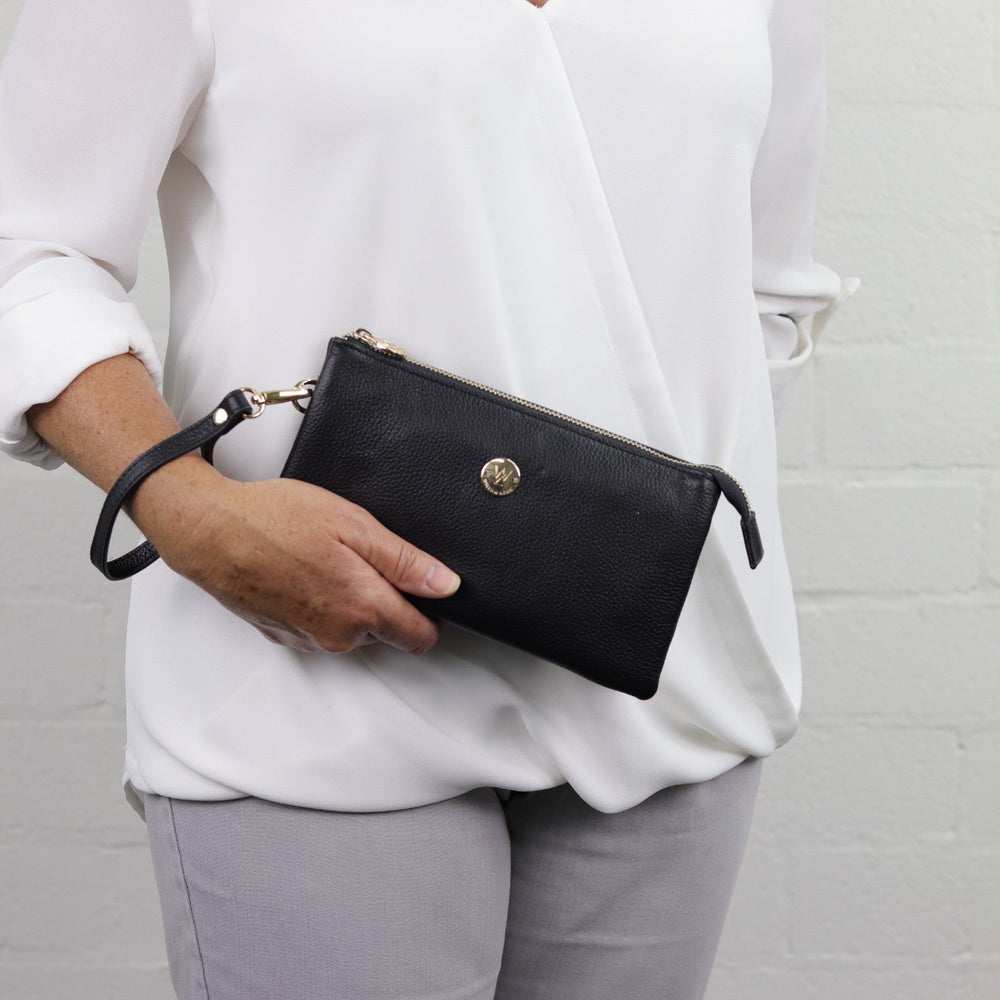 Willow & Zac Evie pebbled leather clutch crossbody black #colour_black