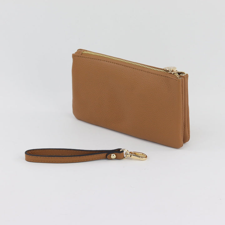 Willow & Zac Polly leather wristlet clutch caramel #colour_caramel