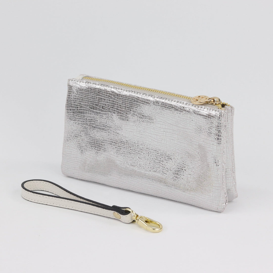 Willow & Zac Polly suede leather wristlet clutch silver lattice #colour_silver-lattice