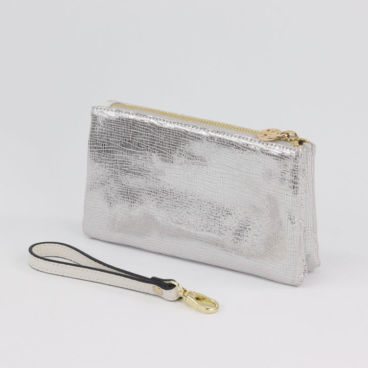 Willow & Zac Polly suede leather wristlet clutch silver lattice #colour_silver-lattice