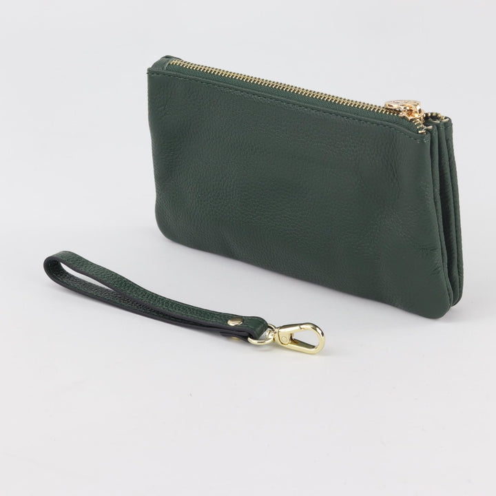 Willow & Zac Polly leather wristlet clutch caramel #colour_dark-green
