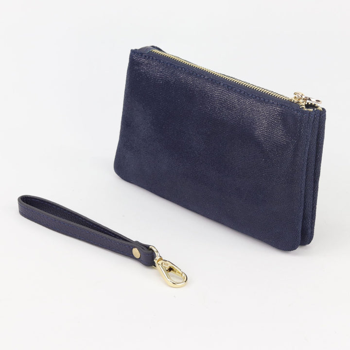 Willow & Zac Polly suede leather wristlet clutch gold lattice #colour_navy-cosmos
