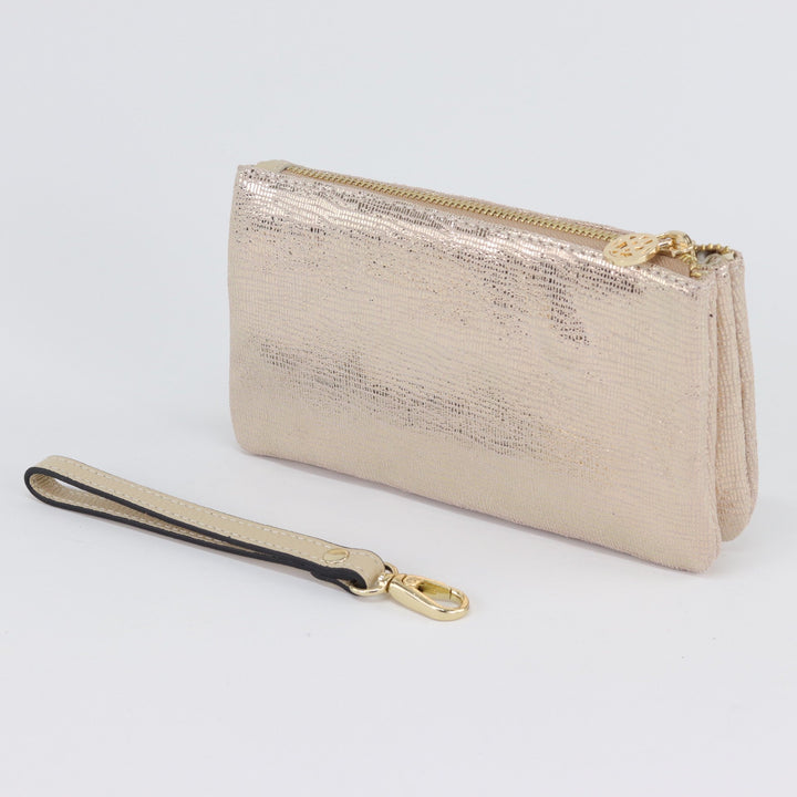 Willow & Zac Polly suede leather wristlet clutch gold lattice #colour_gold-lattice