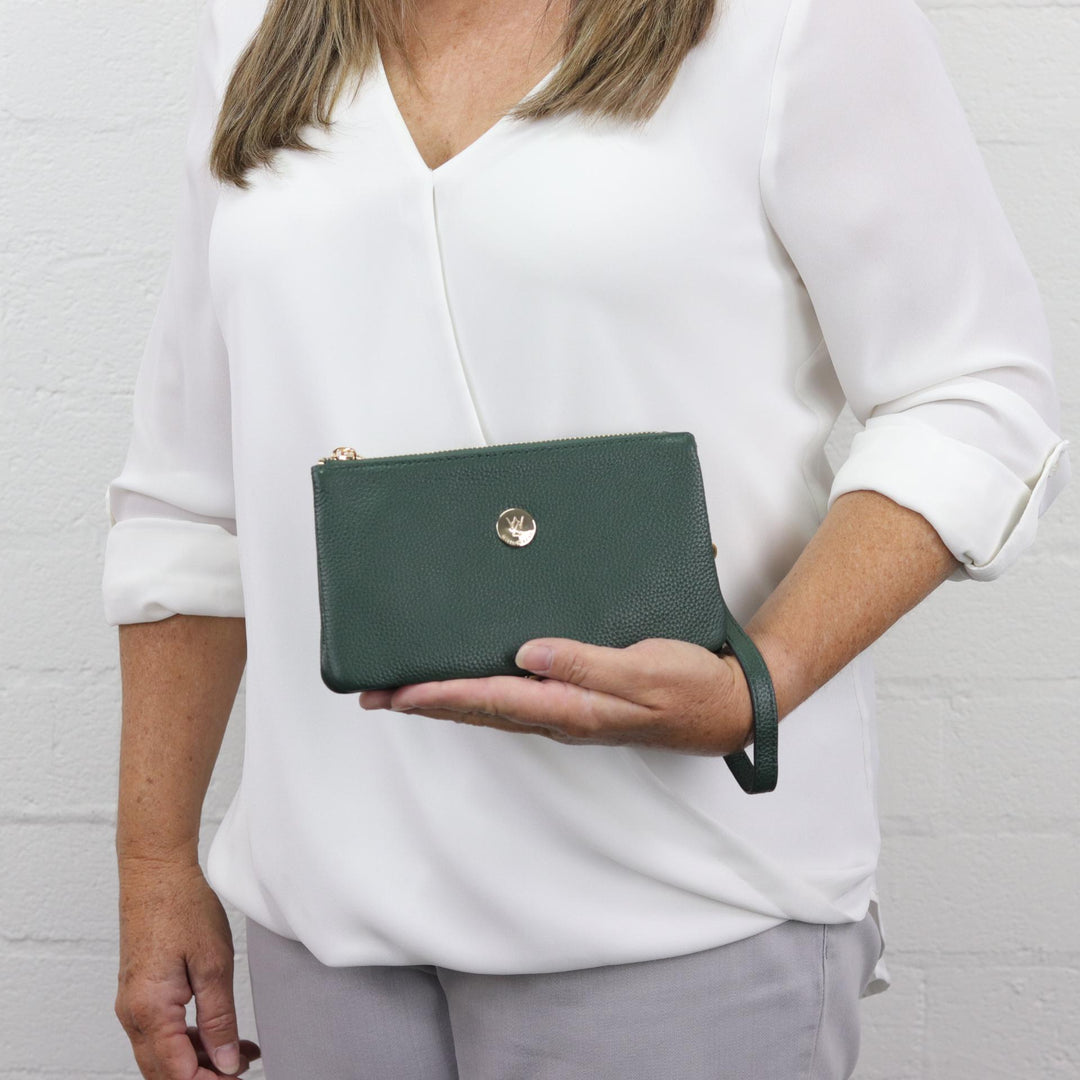 Willow & Zac Polly leather wristlet clutch caramel #colour_dark-green