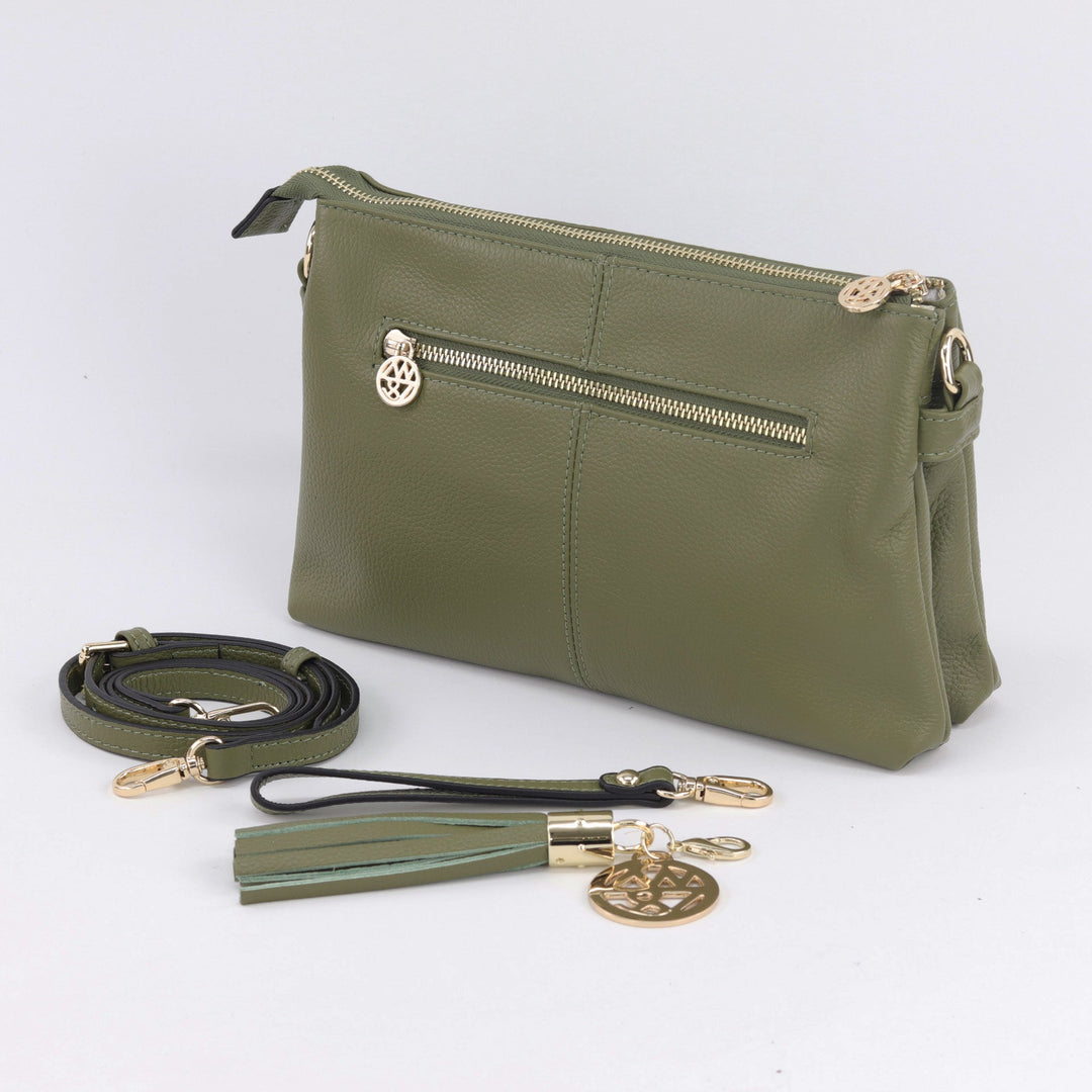 Willow & Zac Ruby leather clutch crossbody bag olive #colour_olive