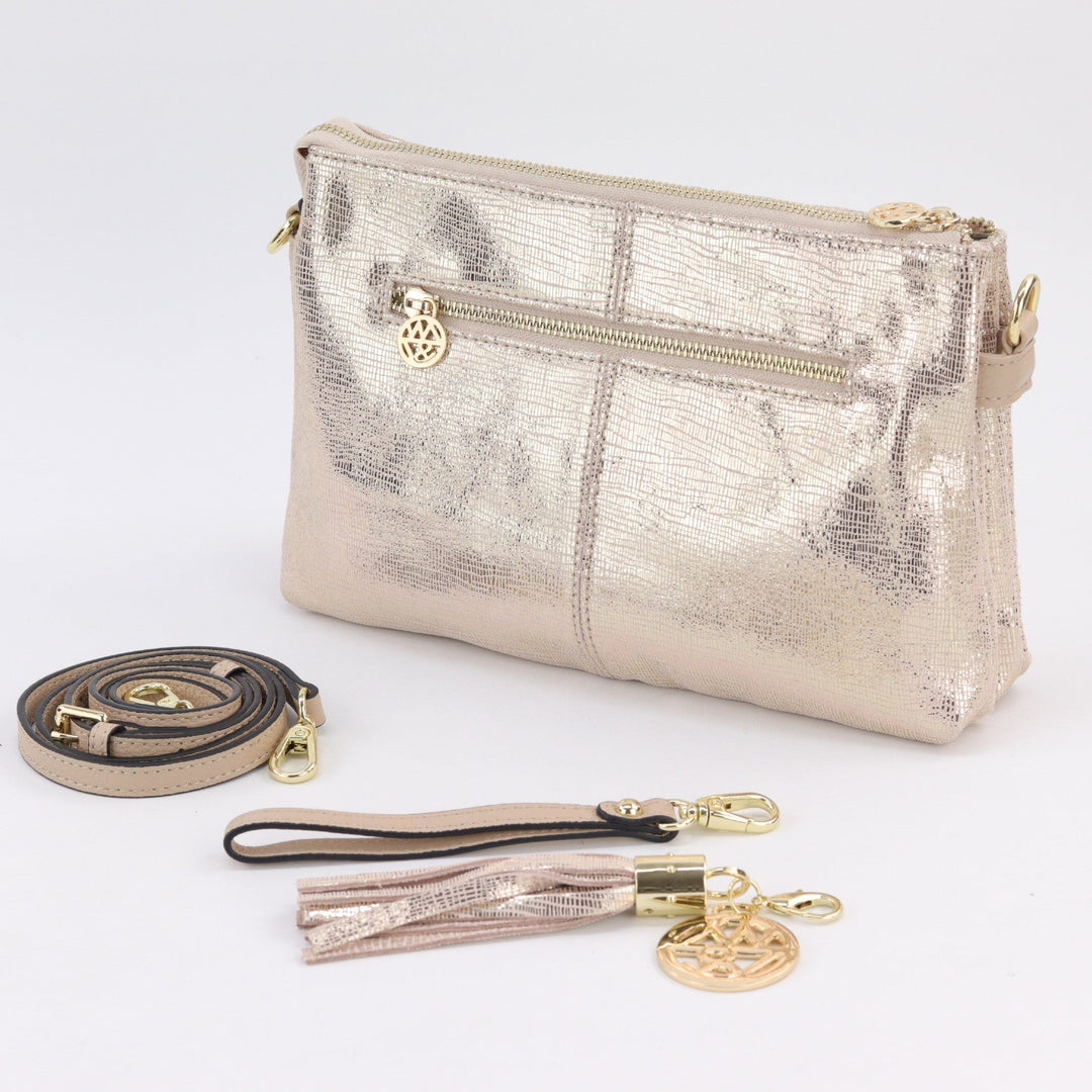 Willow & Zac Ruby leather clutch crossbody bag gold lattice #colour_gold-lattice