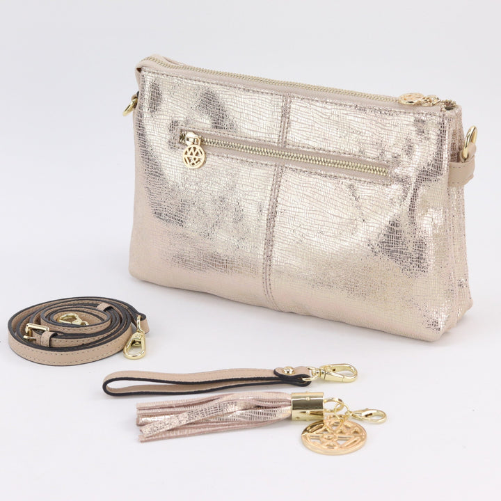 Willow & Zac Ruby leather clutch crossbody bag gold lattice #colour_gold-lattice
