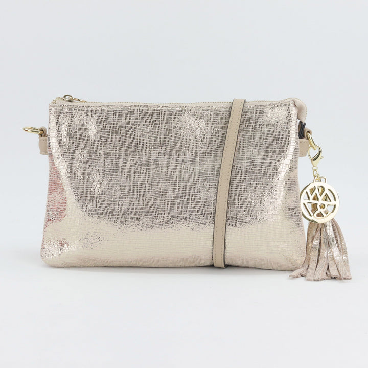 Willow & Zac Ruby leather clutch crossbody bag gold lattice #colour_gold-lattice