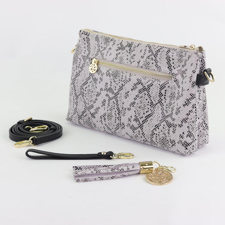 Willow & Zac Ruby leather clutch crossbody bag monochrome snakeprint #colour_monochrome-snakeprint