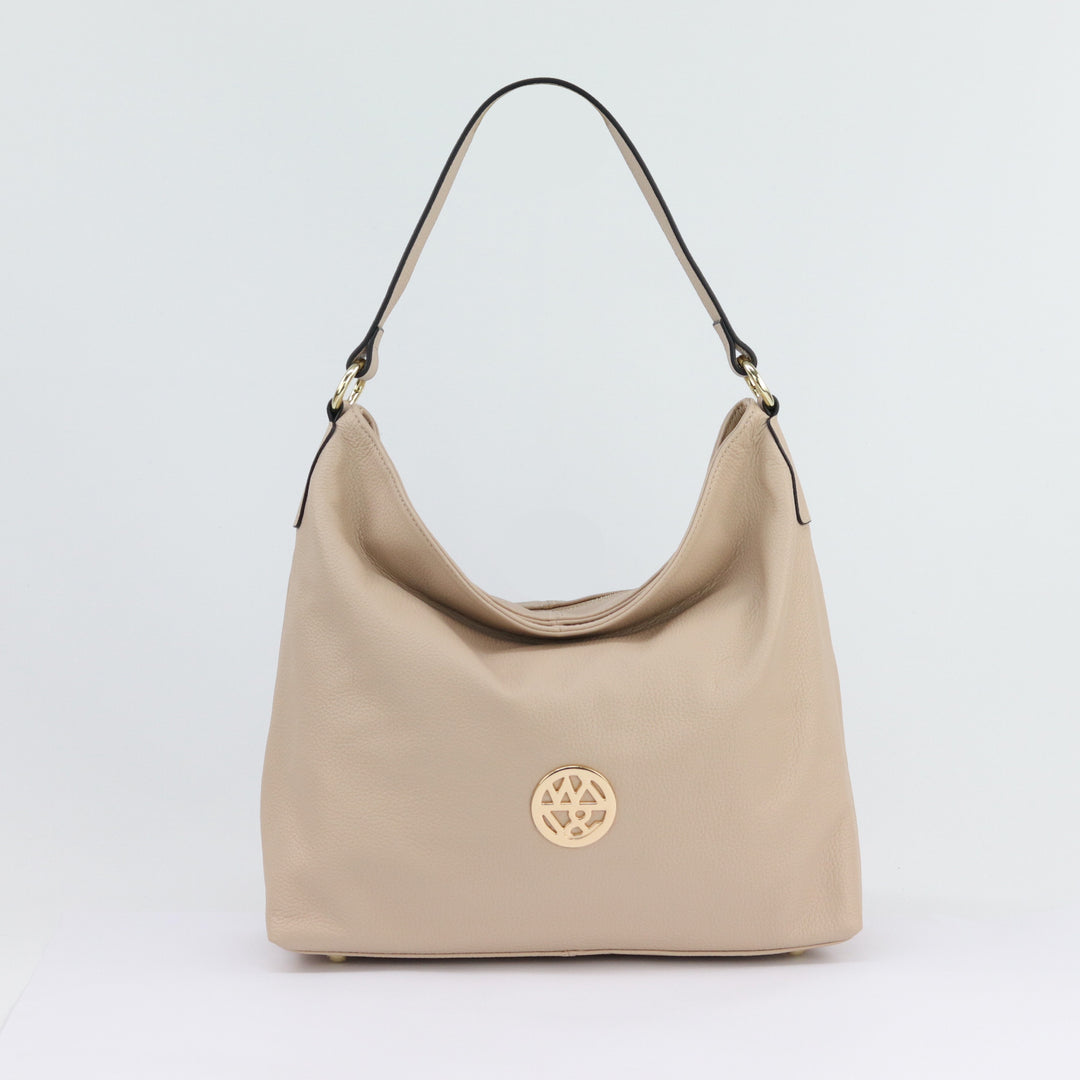 neutral nude coloured pebbled leather hobo with gold hardware with#colour_nude