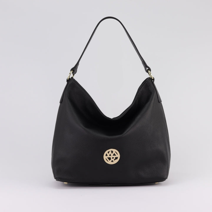 black leather hobo handbag with gold zip and logo on white background#colour_black