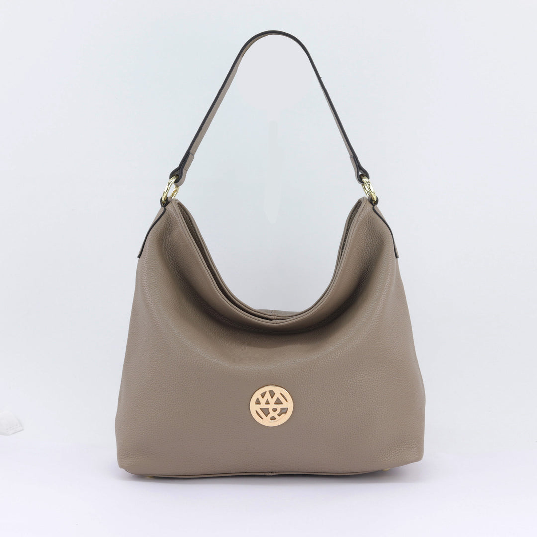 neutral fog coloured leather hobo with quality gold zips and badge logo#colour_fog
