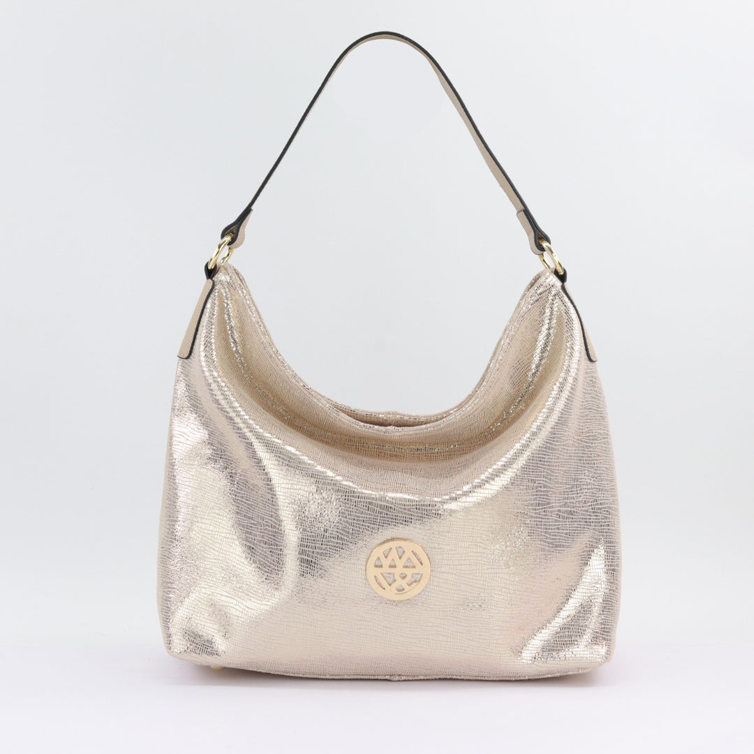 gold lattice printed suede hobo with leather shoulder strap on white background#colour_gold-lattice