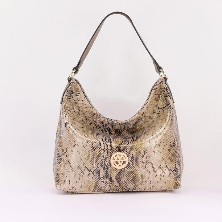 printed suede python patterned hobo with gold zips and logo #colour_sand-python