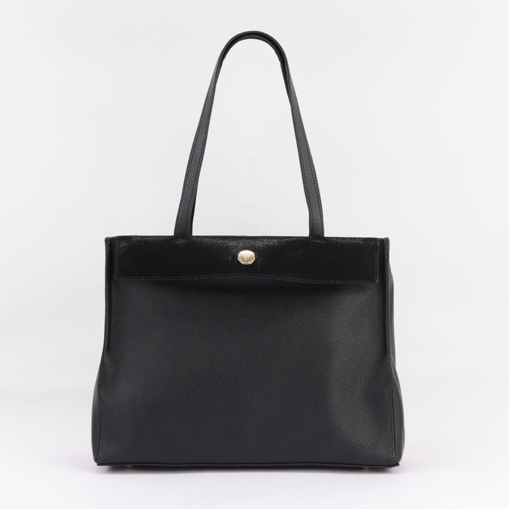 front view of eleanor tote in black with black cosmos flap on white background#colour_black-with-black-cosmos