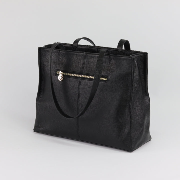 rear view of eleanor leather tote with double handles and gold external zip pocket#colour_black-with-black-cosmos