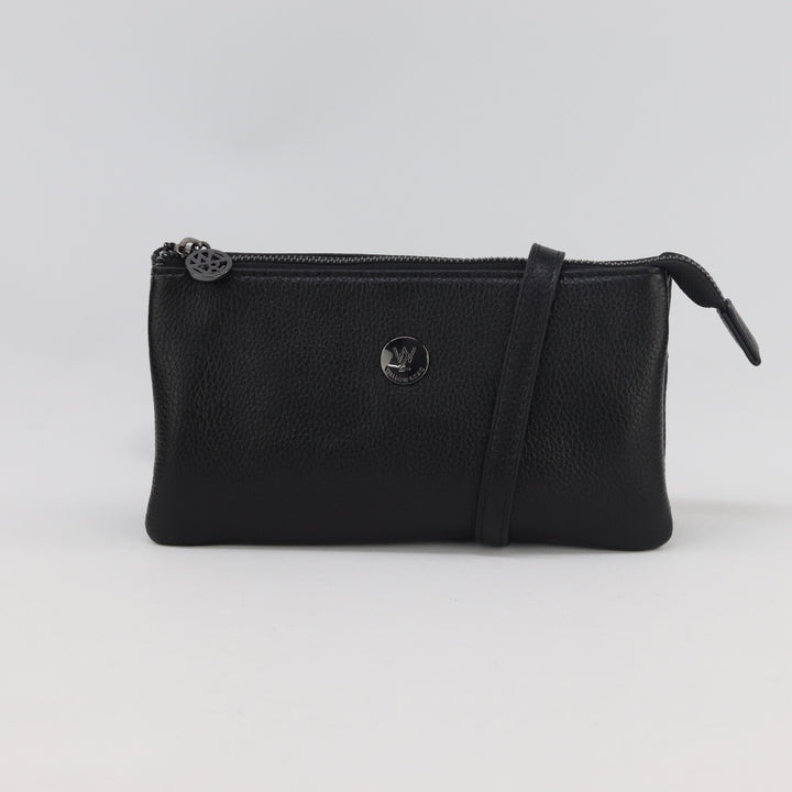 Black leather wallet clutch with gunmetal hardware and long leather strap#colour_black-black-hardware