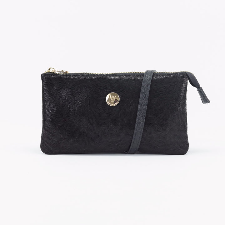 black on black printed suede evie clutch and crossbody with leather strap and small gold logo and zip#colour_black-cosmos